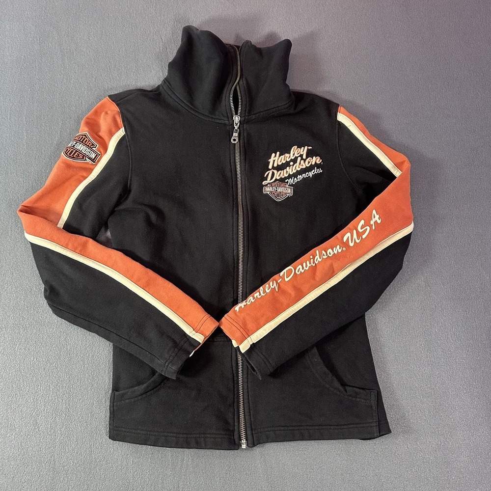 Harley Davidson (small) Jacket Women's Black And Orange Full Zip Logo Spell Out